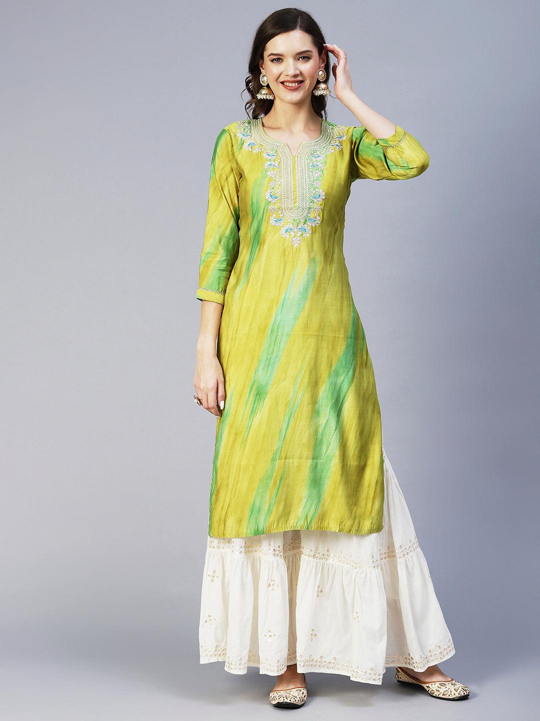 Tie-Dyed Zari & Resham Embroidered Kurta - Lime Green - Indiakreations