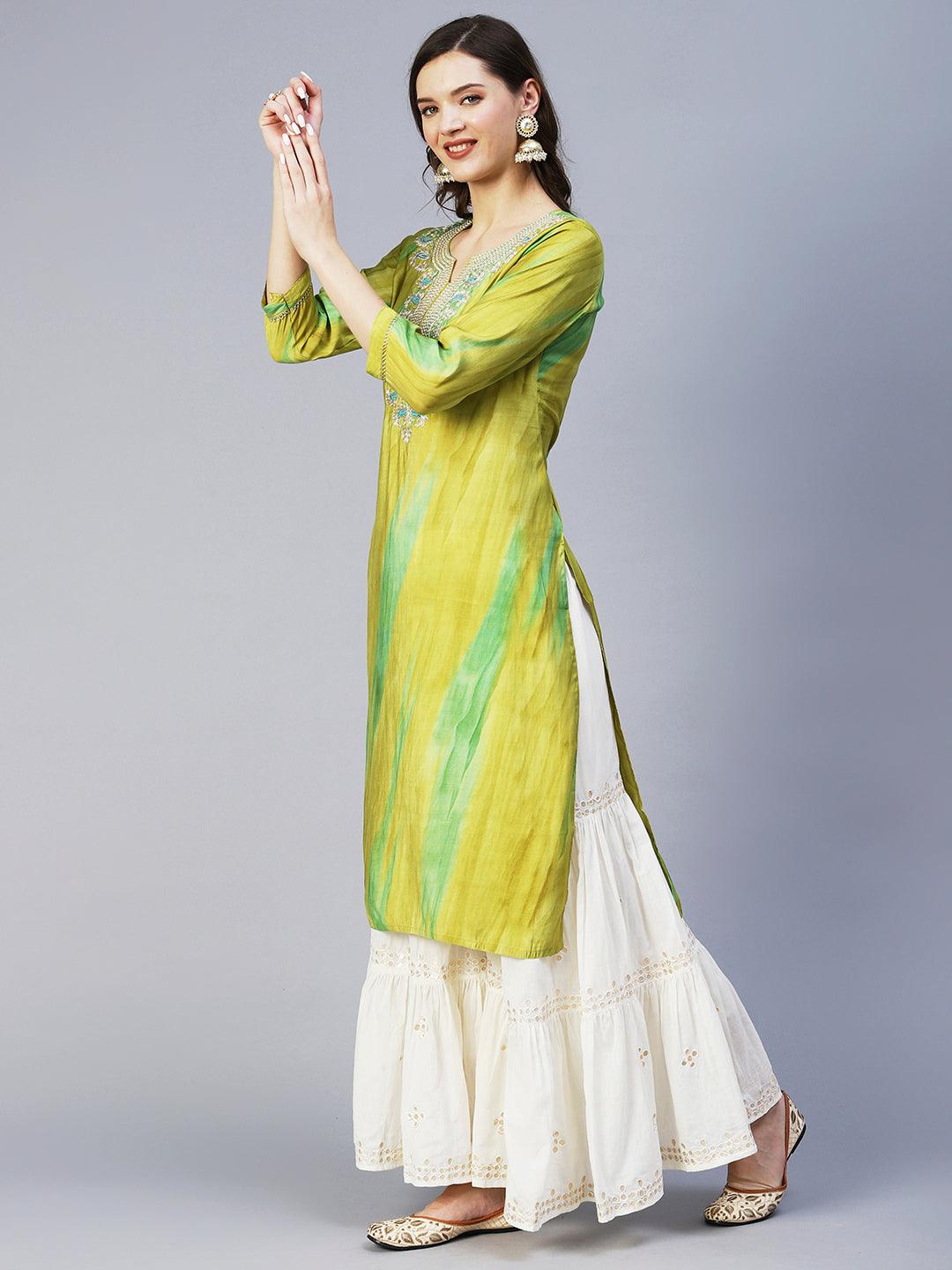 Tie-Dyed Zari & Resham Embroidered Kurta - Lime Green - Indiakreations