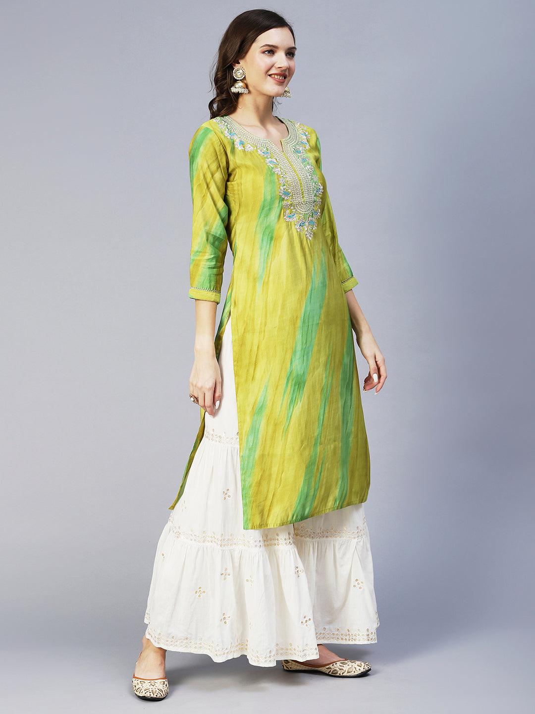 Tie-Dyed Zari & Resham Embroidered Kurta - Lime Green - Indiakreations