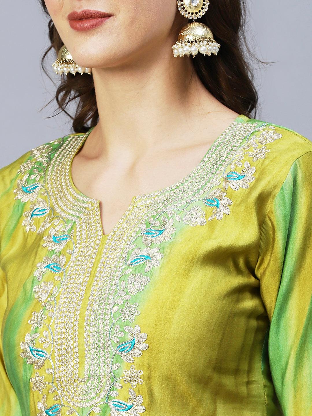 Tie-Dyed Zari & Resham Embroidered Kurta - Lime Green - Indiakreations