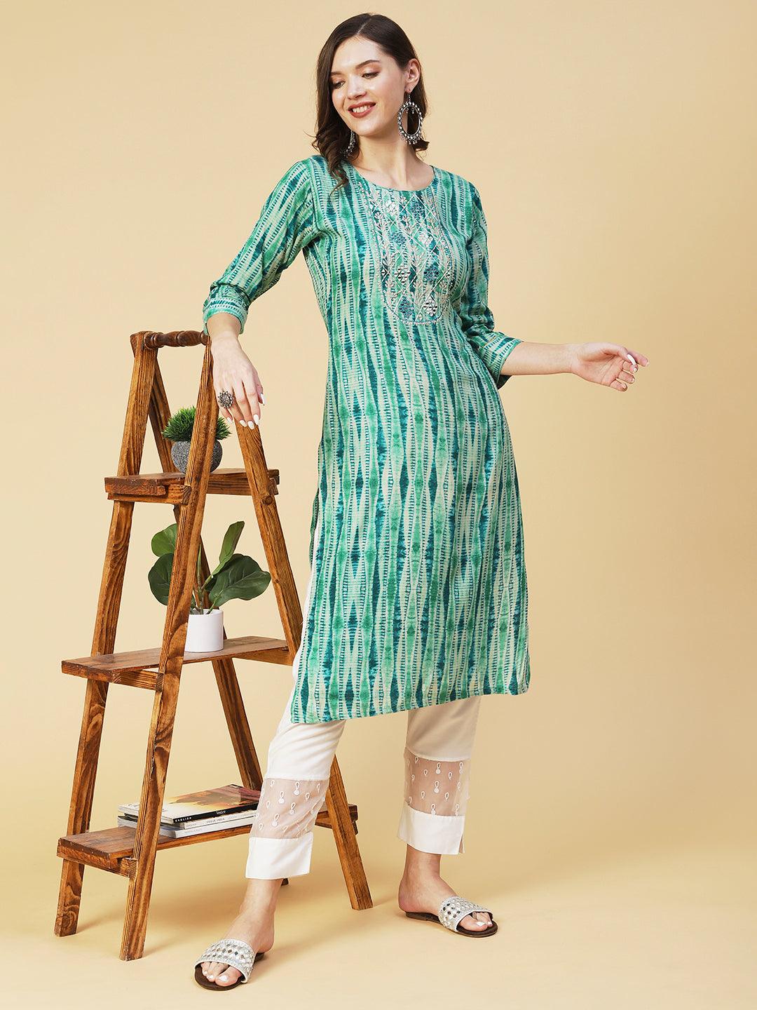 Shibori Printed Mirror Embroidered Kurta - Sea Green - Indiakreations