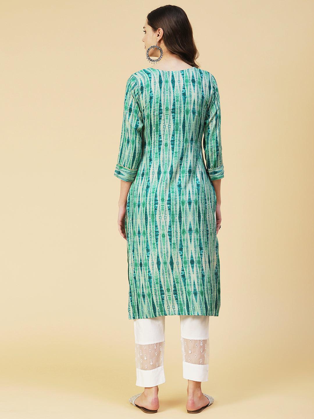 Shibori Printed Mirror Embroidered Kurta - Sea Green - Indiakreations