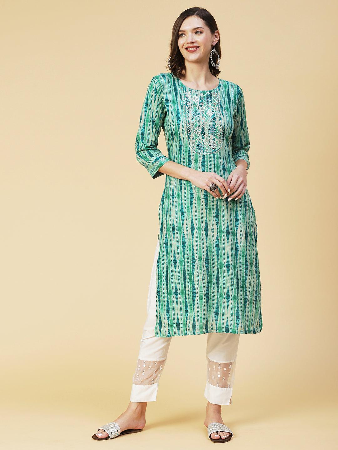 Shibori Printed Mirror Embroidered Kurta - Sea Green - Indiakreations