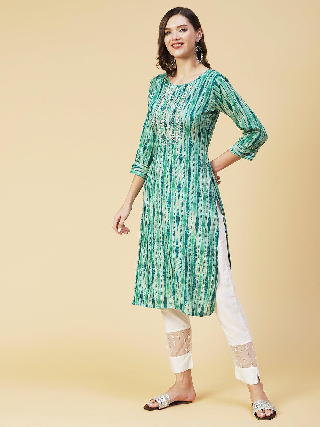 Shibori Printed Mirror Embroidered Kurta - Sea Green - Indiakreations