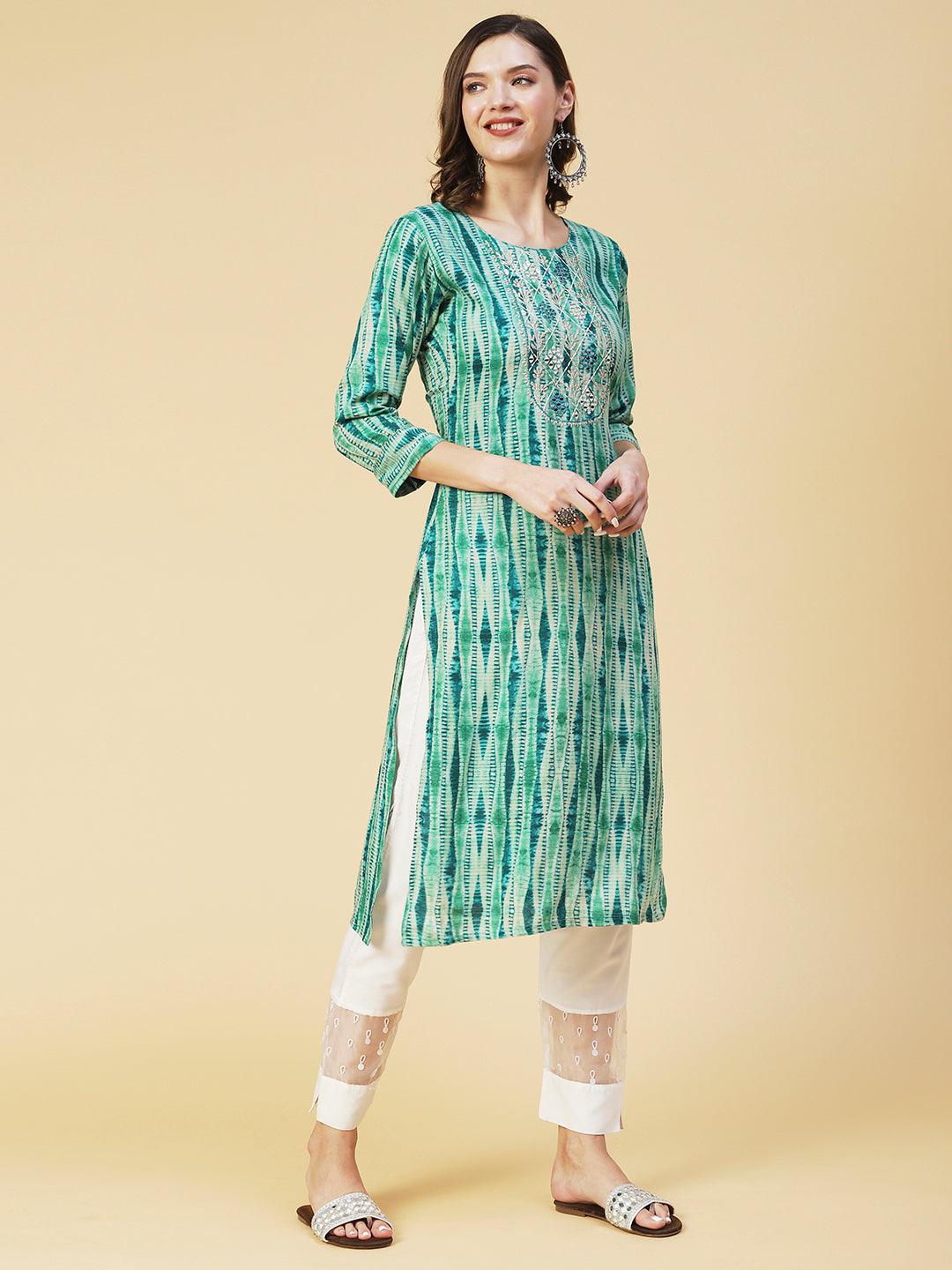 Shibori Printed Mirror Embroidered Kurta - Sea Green - Indiakreations