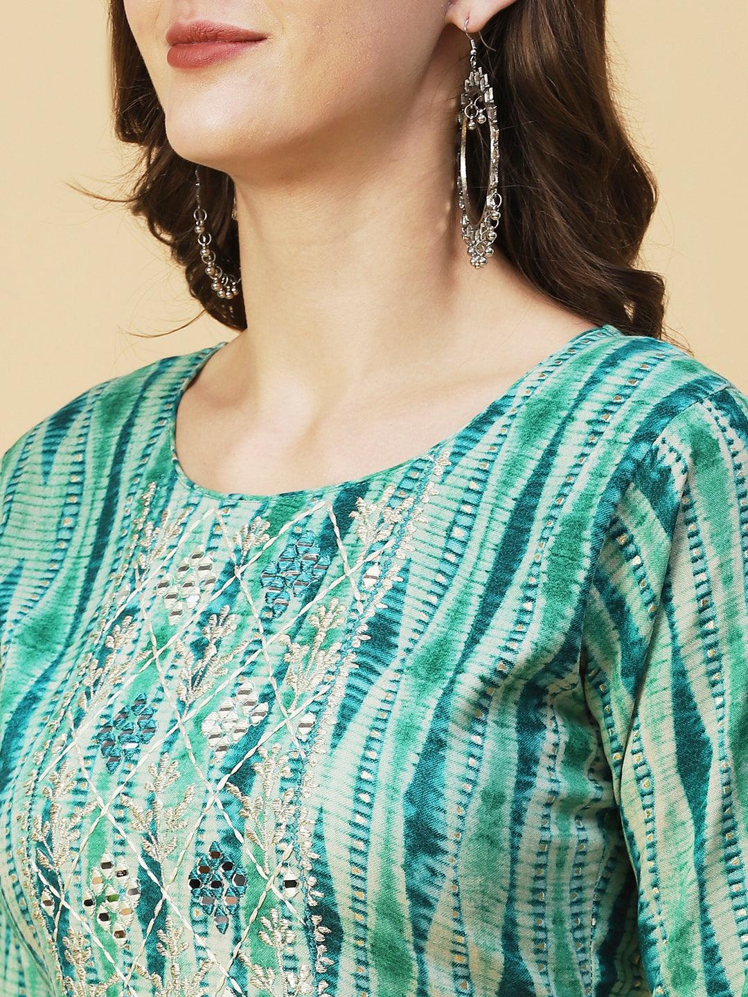 Shibori Printed Mirror Embroidered Kurta - Sea Green - Indiakreations