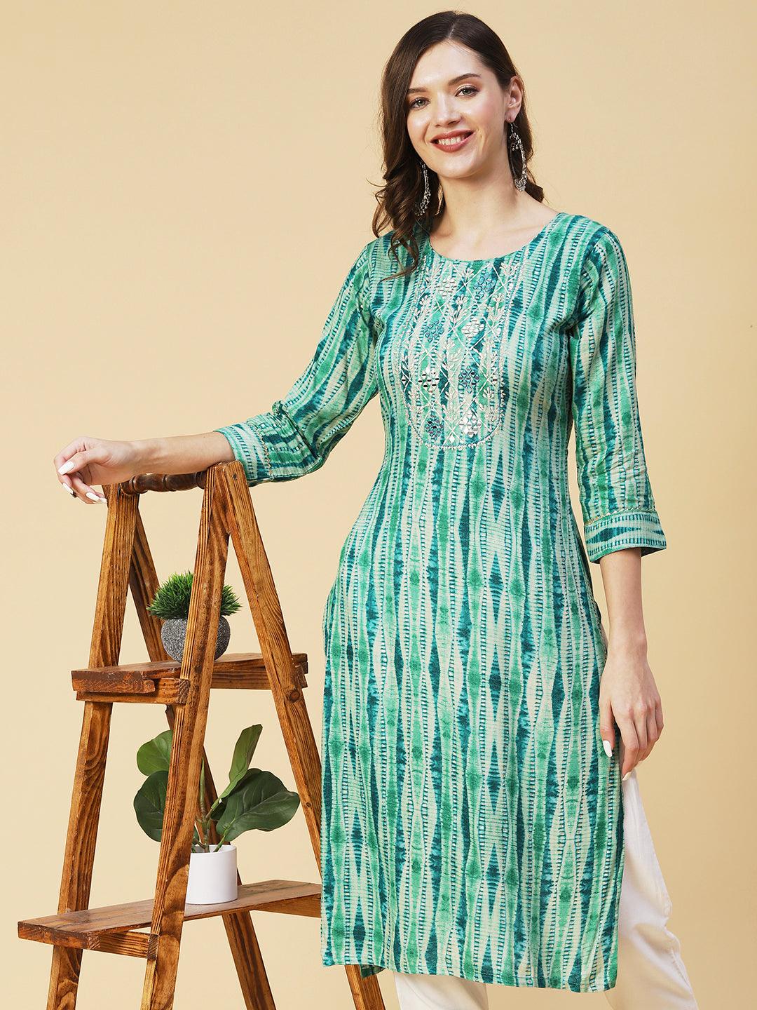 Shibori Printed Mirror Embroidered Kurta - Sea Green - Indiakreations