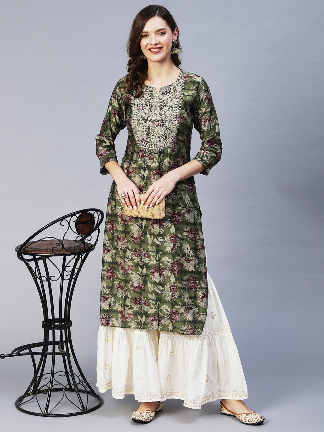 Floral Printed & Embroidered Straight Fit Kurta - Green - Indiakreations