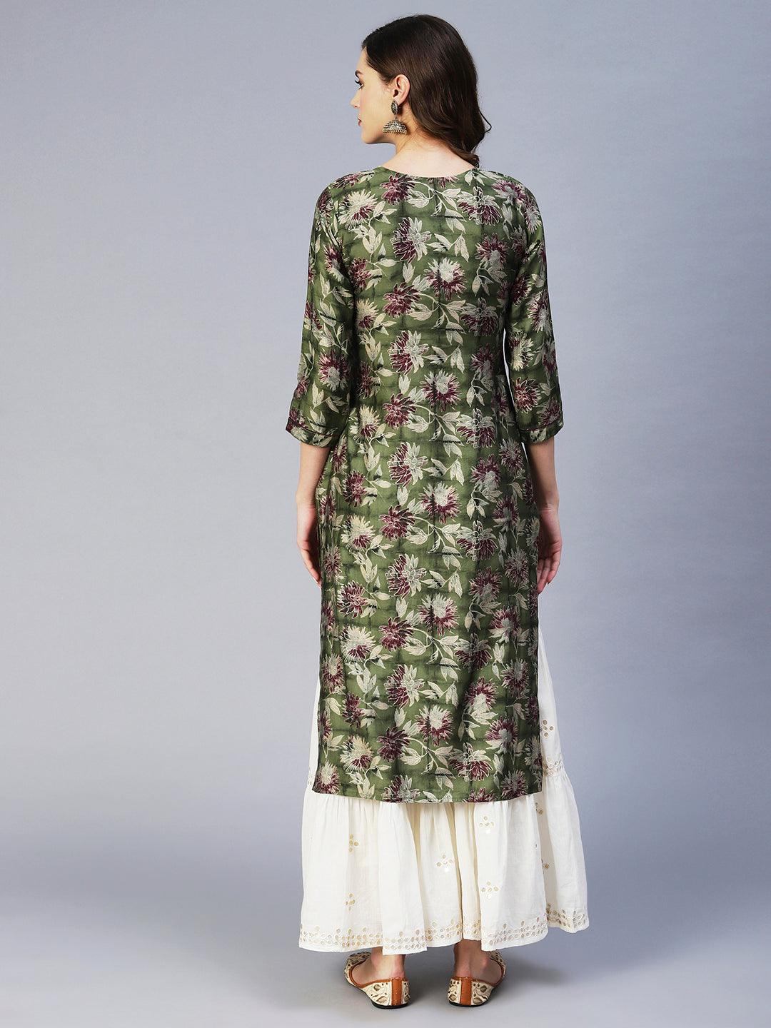 Floral Printed & Embroidered Straight Fit Kurta - Green - Indiakreations