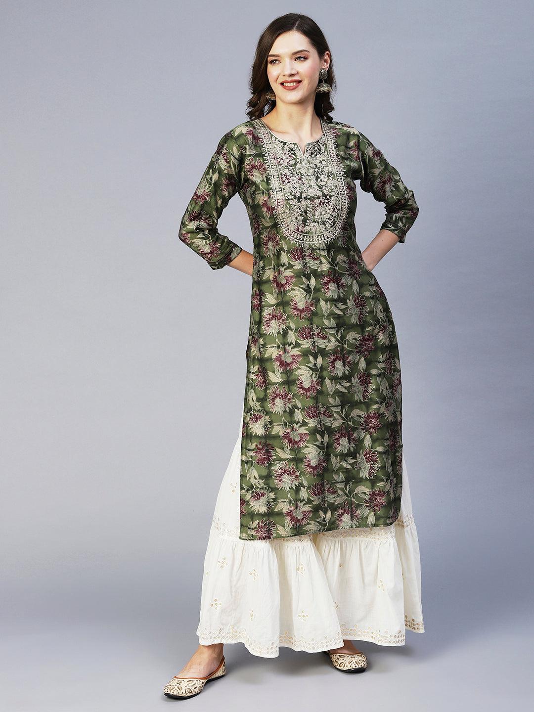 Floral Printed & Embroidered Straight Fit Kurta - Green - Indiakreations