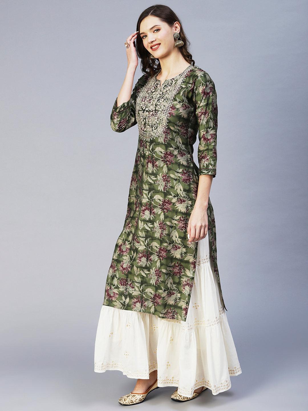 Floral Printed & Embroidered Straight Fit Kurta - Green - Indiakreations