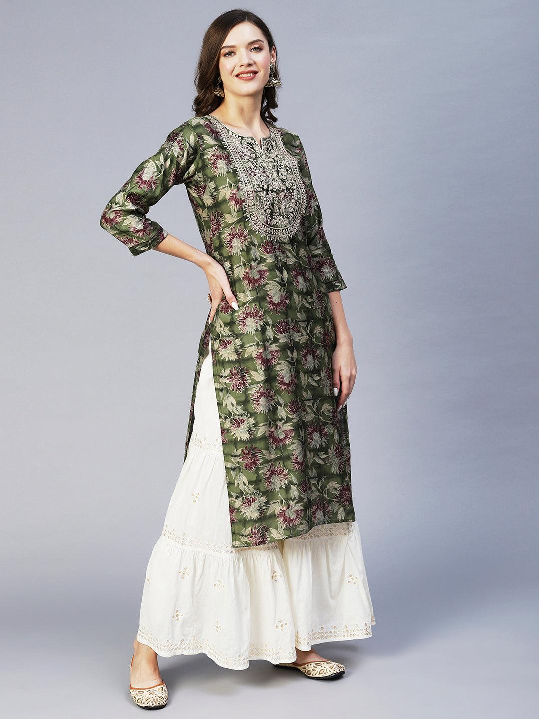 Floral Printed & Embroidered Straight Fit Kurta - Green - Indiakreations