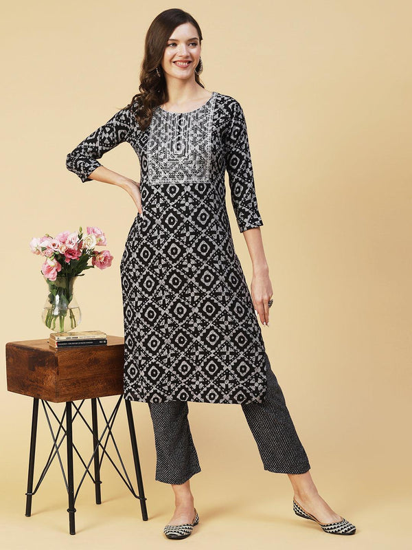 Batik Printed Sequins Embroidered Kurta with Lehriya Pants - Black - Indiakreations