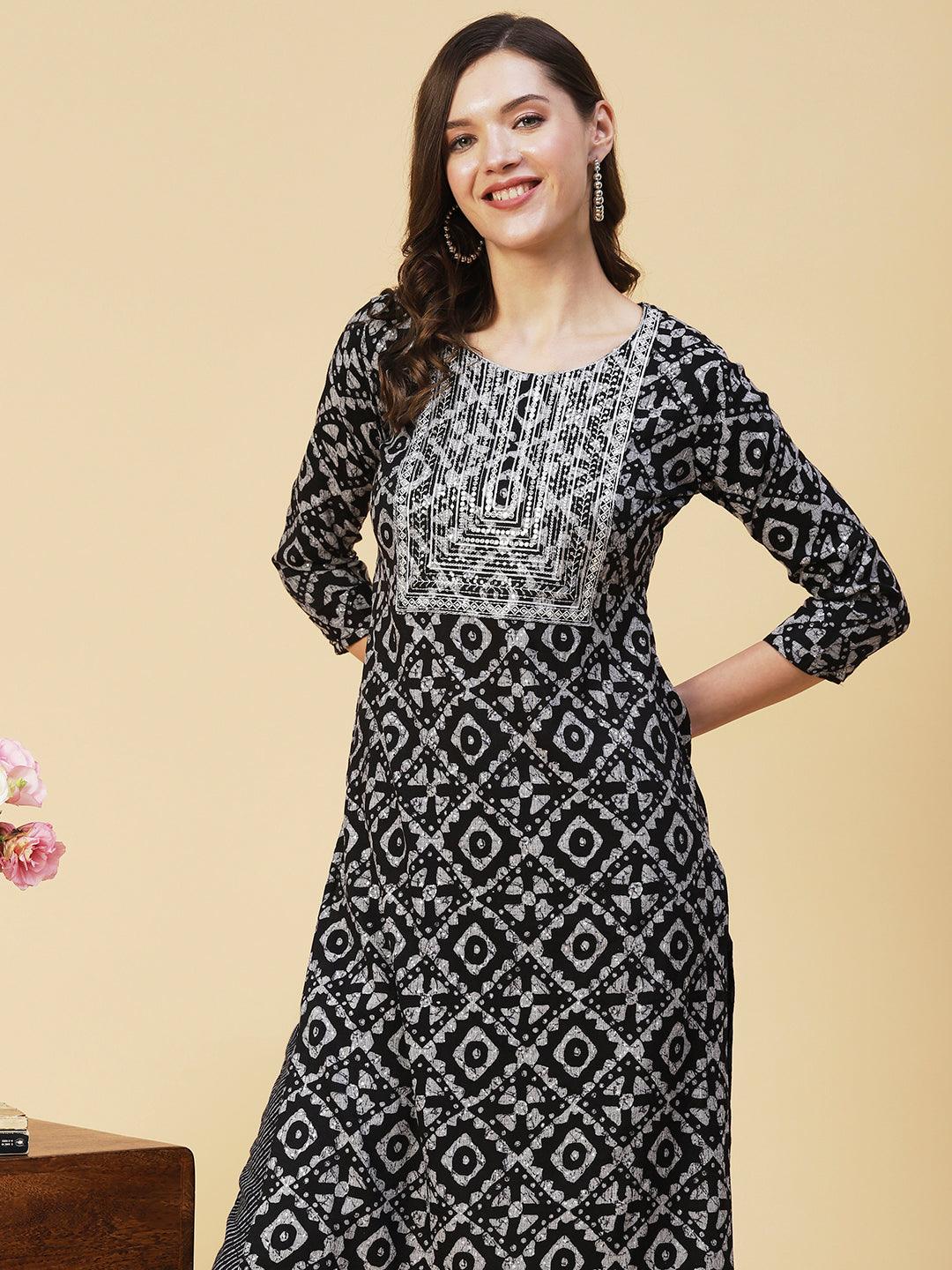 Batik Printed Sequins Embroidered Kurta with Lehriya Pants - Black - Indiakreations