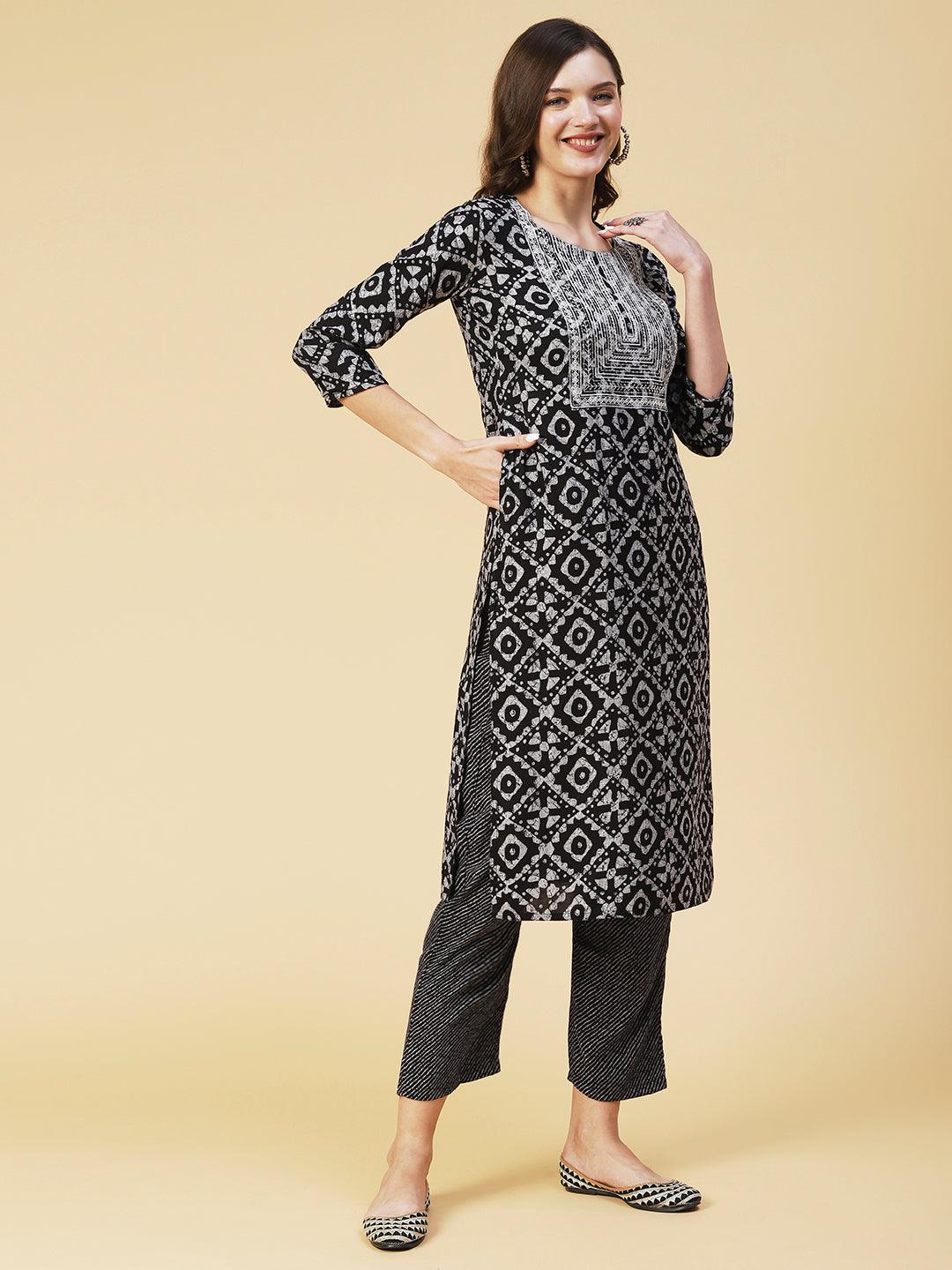 Batik Printed Sequins Embroidered Kurta with Lehriya Pants - Black - Indiakreations