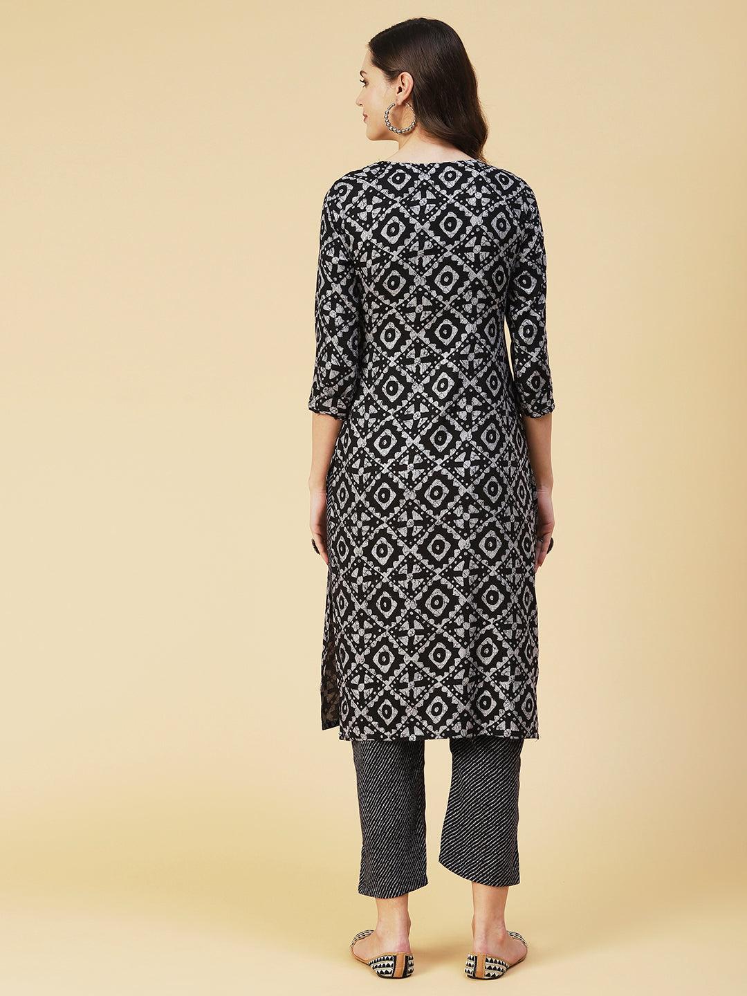 Batik Printed Sequins Embroidered Kurta with Lehriya Pants - Black - Indiakreations