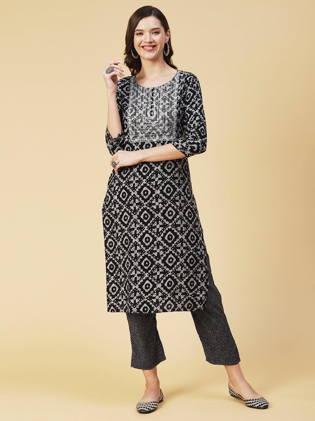 Batik Printed Sequins Embroidered Kurta with Lehriya Pants - Black - Indiakreations