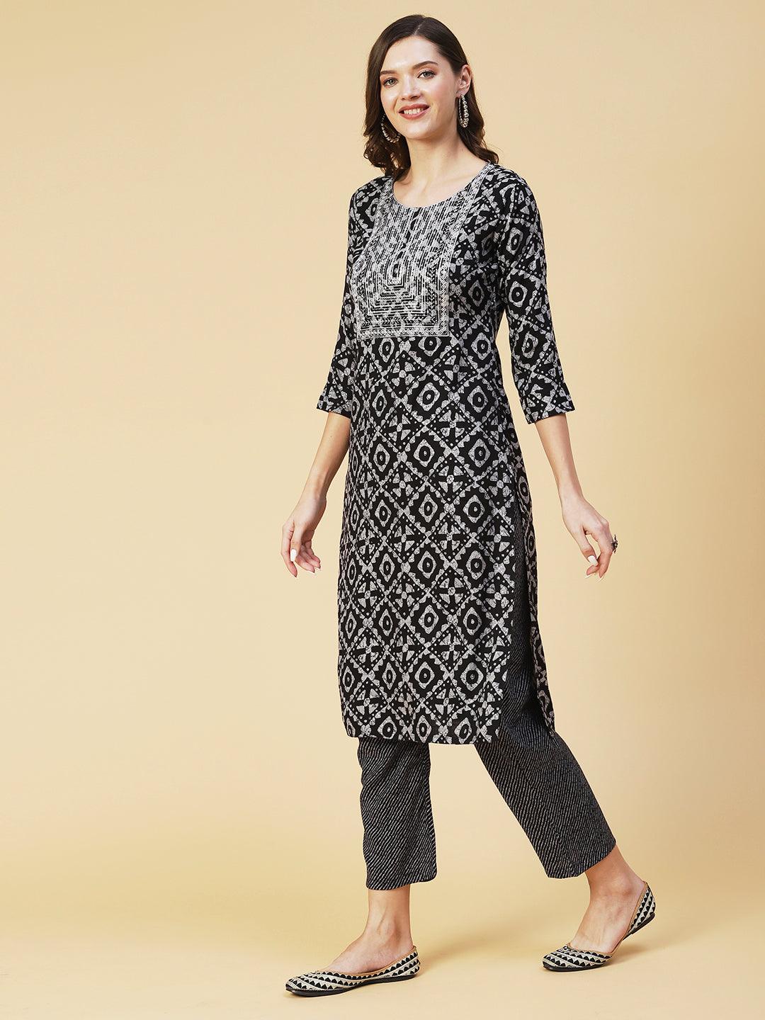 Batik Printed Sequins Embroidered Kurta with Lehriya Pants - Black - Indiakreations