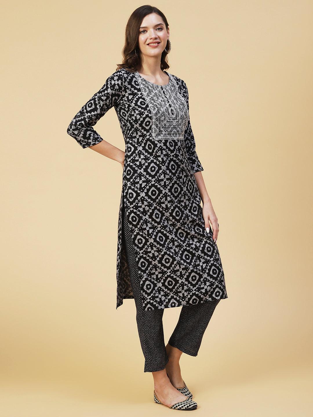 Batik Printed Sequins Embroidered Kurta with Lehriya Pants - Black - Indiakreations