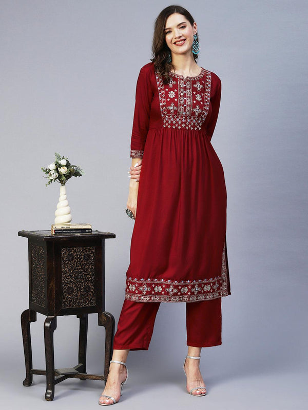 Solid Mirror Embroidered Gathered Kurta With Pants - Red - Indiakreations