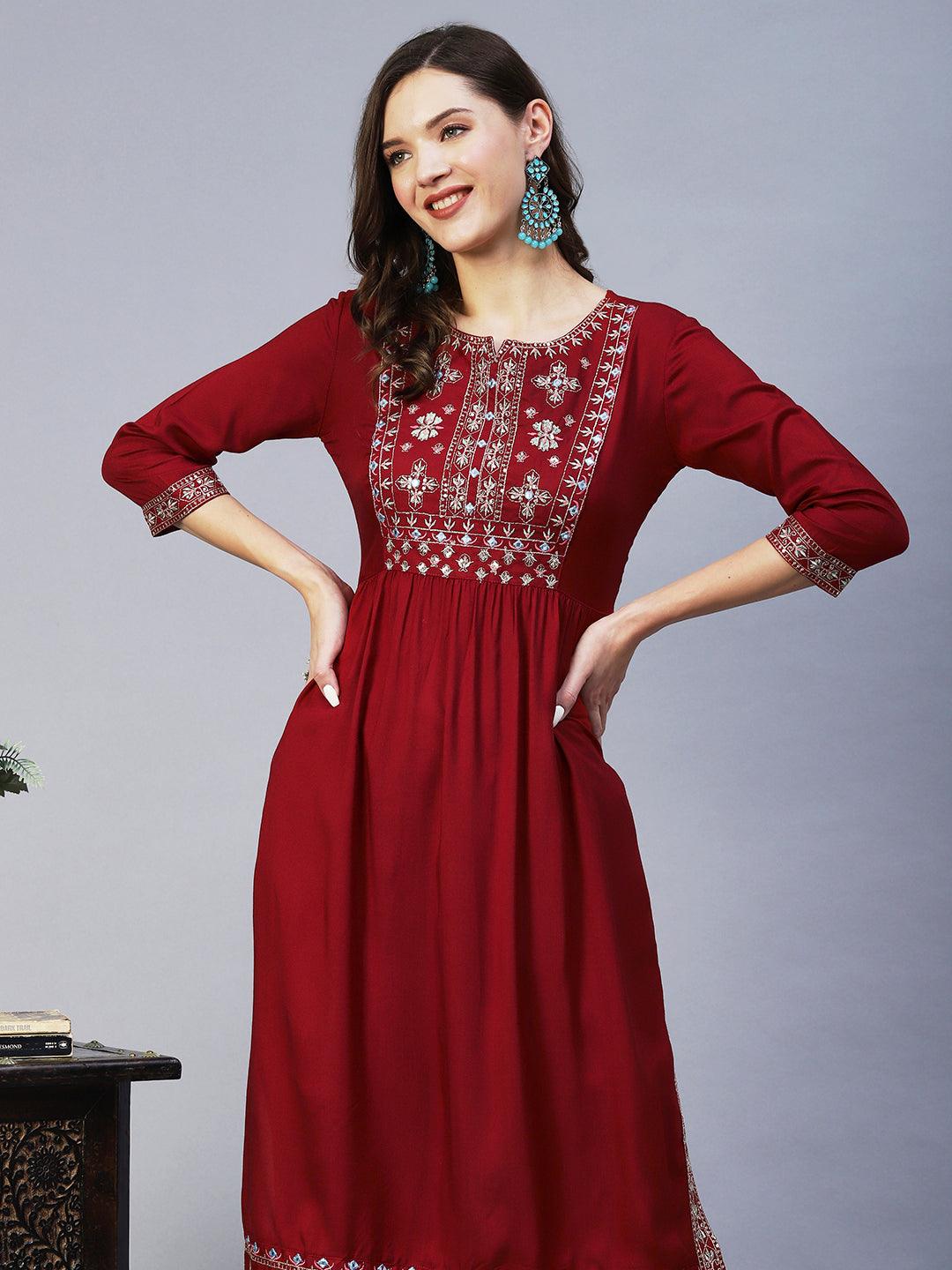 Solid Mirror Embroidered Gathered Kurta With Pants - Red - Indiakreations