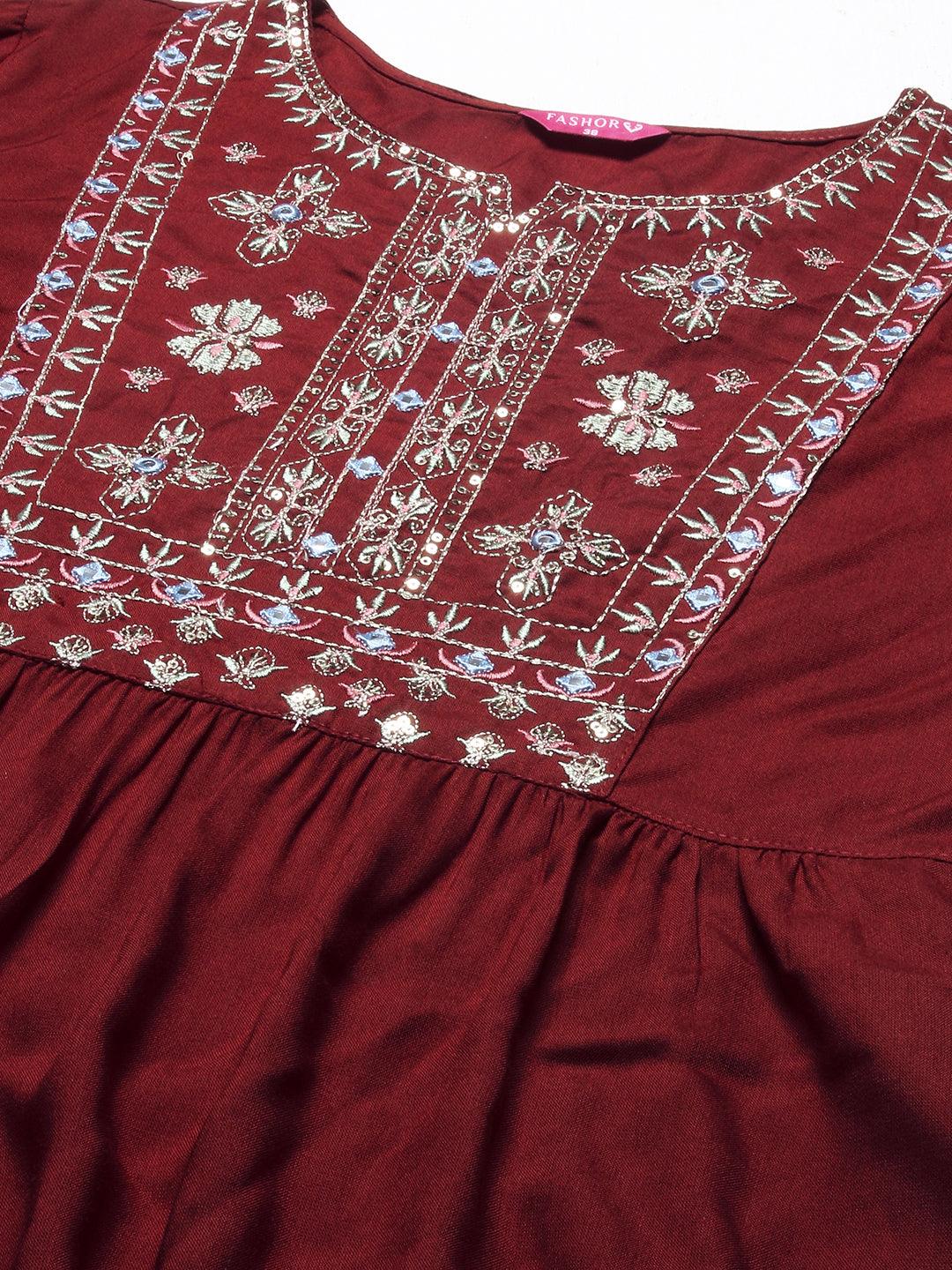 Solid Mirror Embroidered Gathered Kurta With Pants - Red - Indiakreations