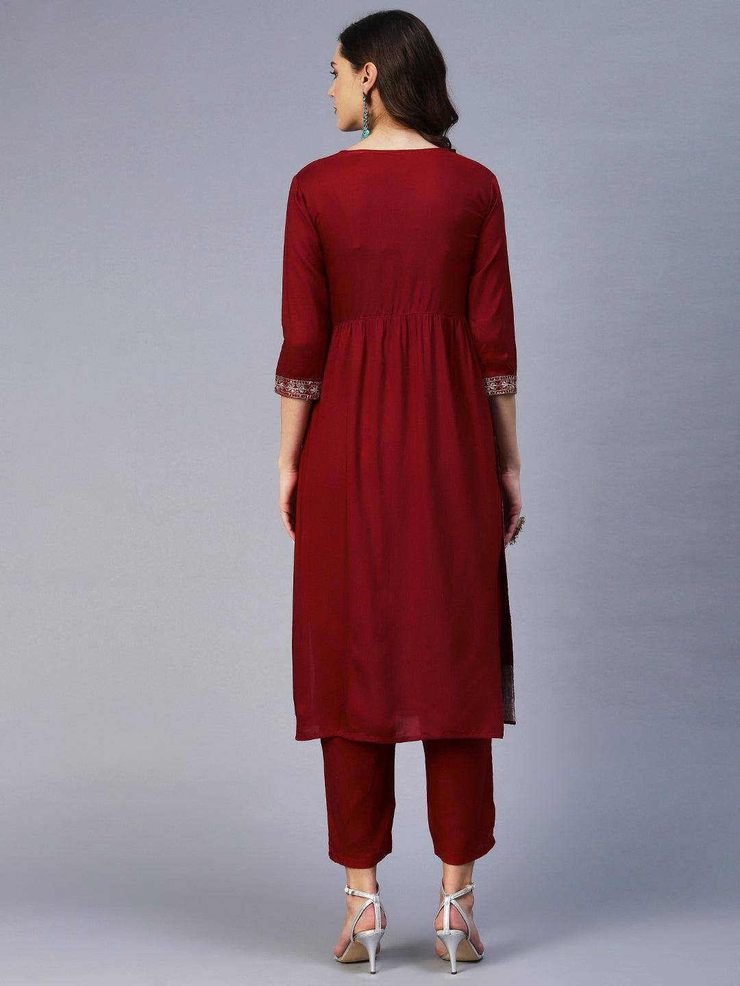 Solid Mirror Embroidered Gathered Kurta With Pants - Red - Indiakreations