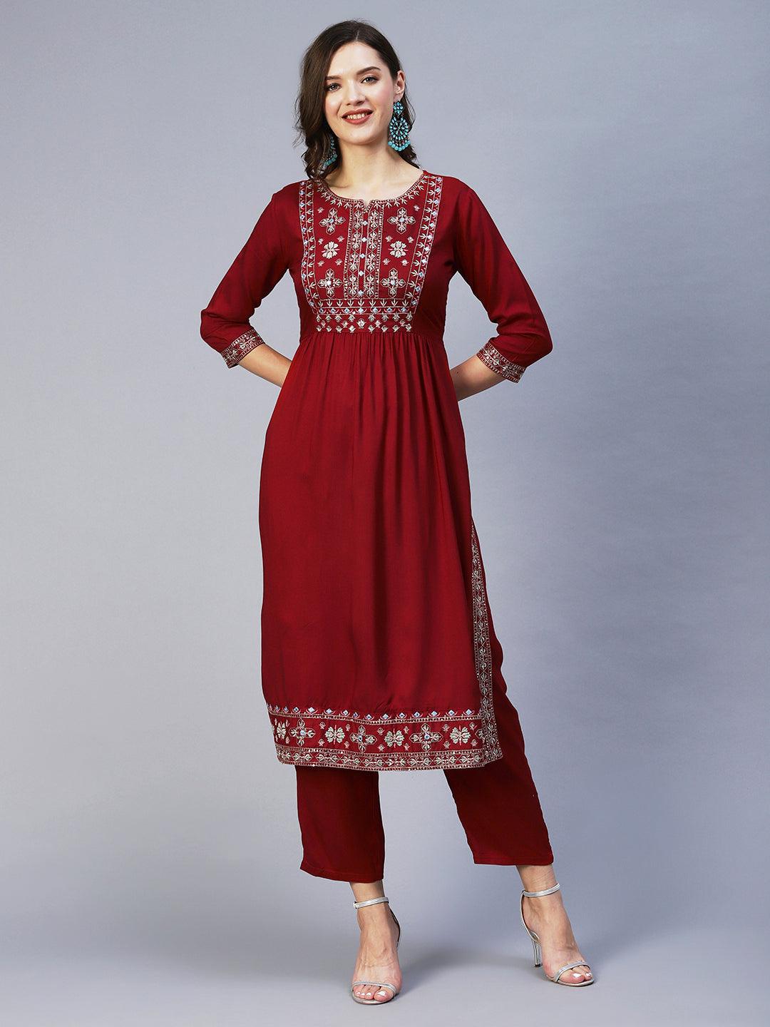 Solid Mirror Embroidered Gathered Kurta With Pants - Red - Indiakreations