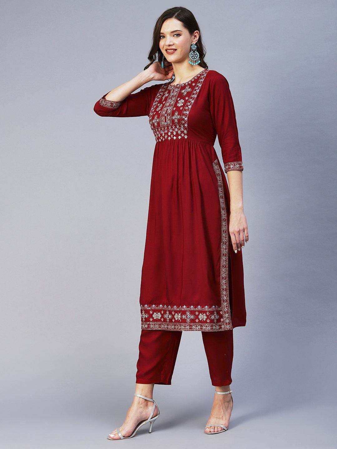 Solid Mirror Embroidered Gathered Kurta With Pants - Red - Indiakreations