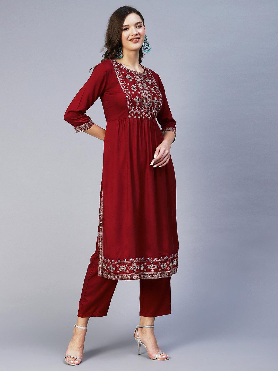 Solid Mirror Embroidered Gathered Kurta With Pants - Red - Indiakreations