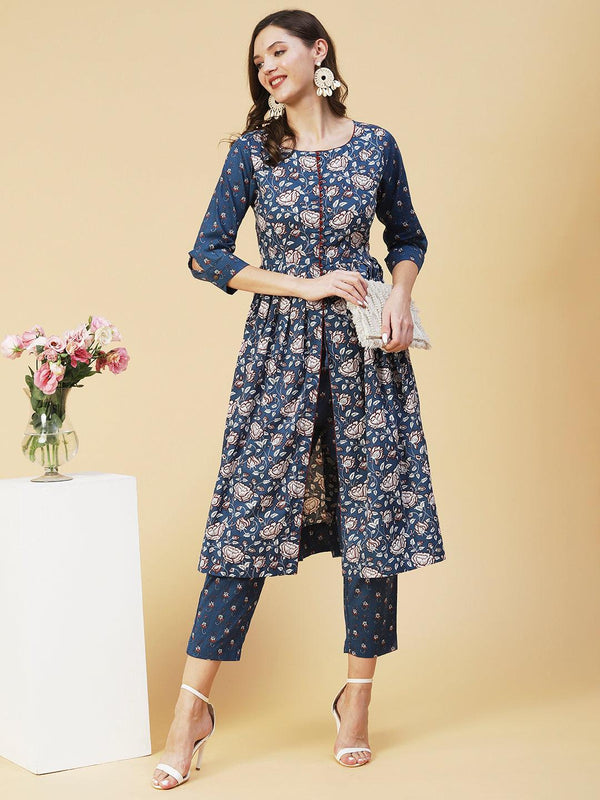 Ethnic Floral Printed A-Line Kurta with Pant - Blue - Indiakreations