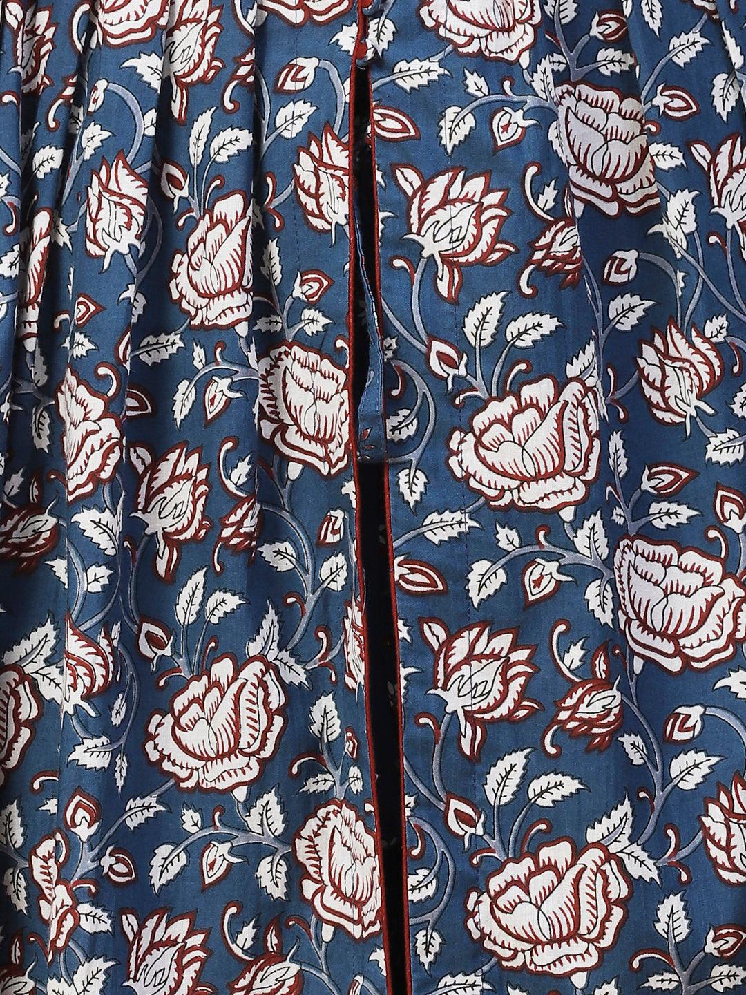 Ethnic Floral Printed A-Line Kurta with Pant - Blue - Indiakreations