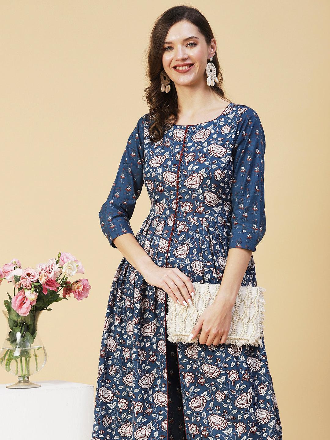 Ethnic Floral Printed A-Line Kurta with Pant - Blue - Indiakreations