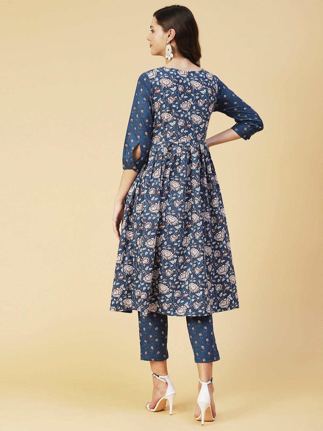 Ethnic Floral Printed A-Line Kurta with Pant - Blue - Indiakreations