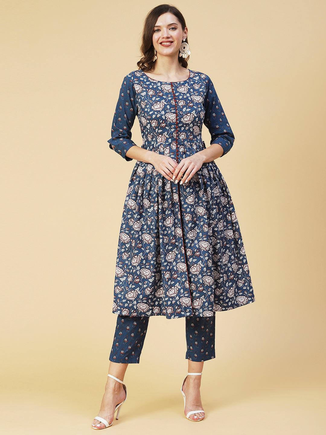 Ethnic Floral Printed A-Line Kurta with Pant - Blue - Indiakreations