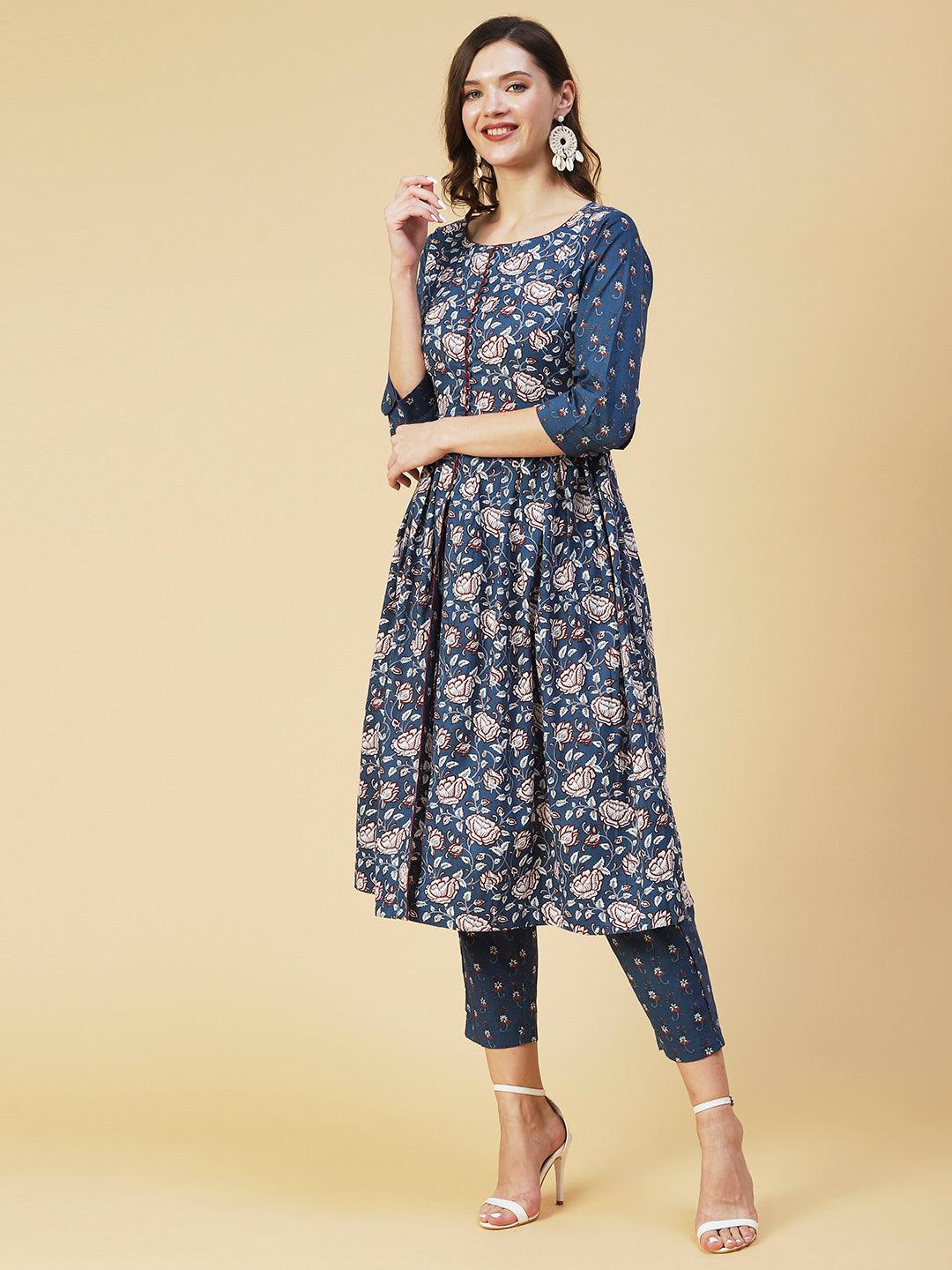 Ethnic Floral Printed A-Line Kurta with Pant - Blue - Indiakreations