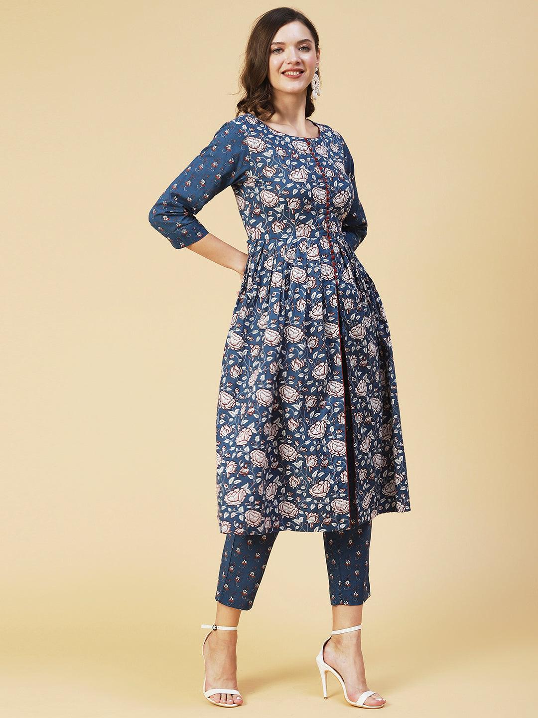 Ethnic Floral Printed A-Line Kurta with Pant - Blue - Indiakreations