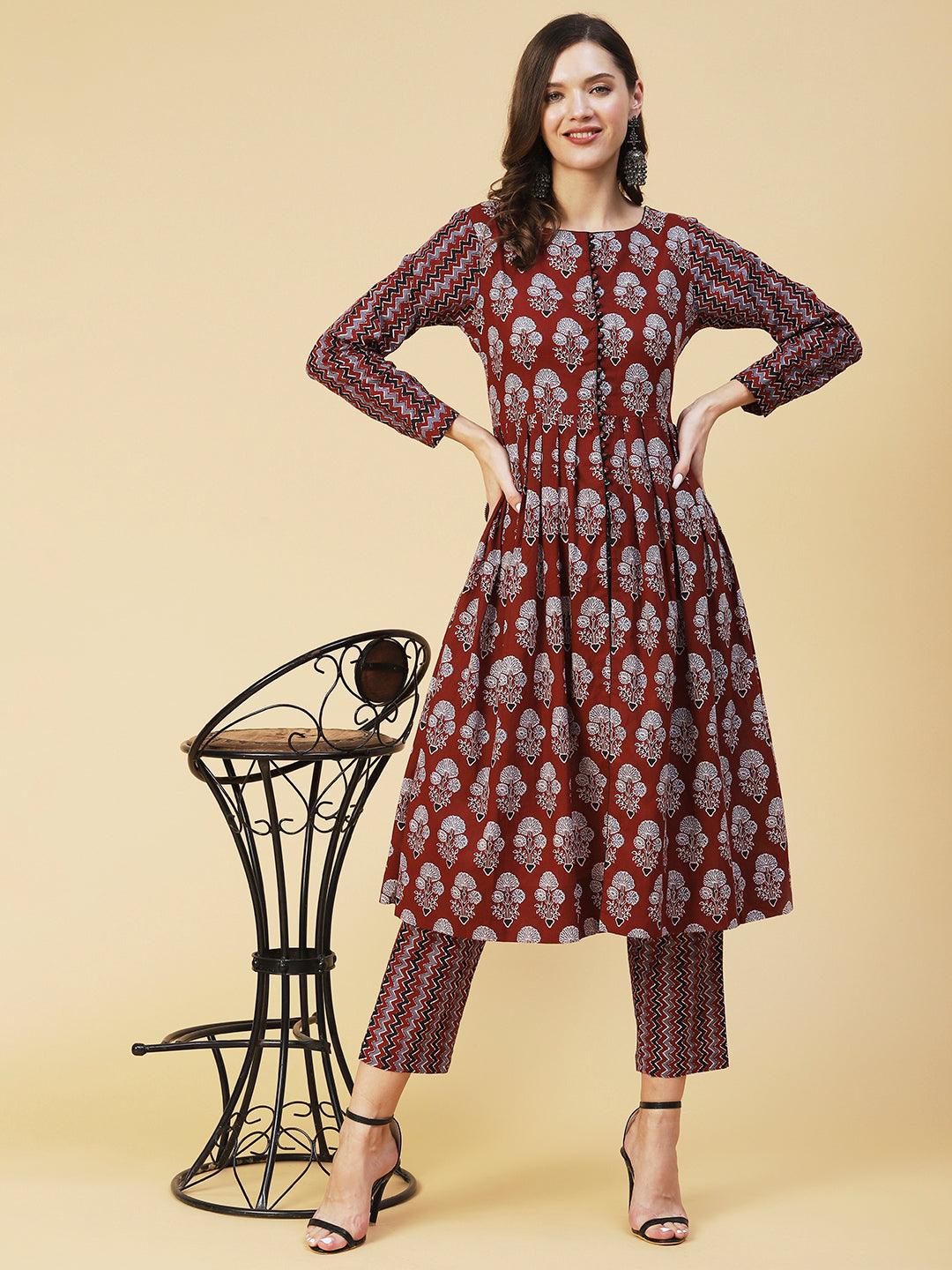 Ethnic Floral Printed A-Line Kurta with Pant - Brown - Indiakreations