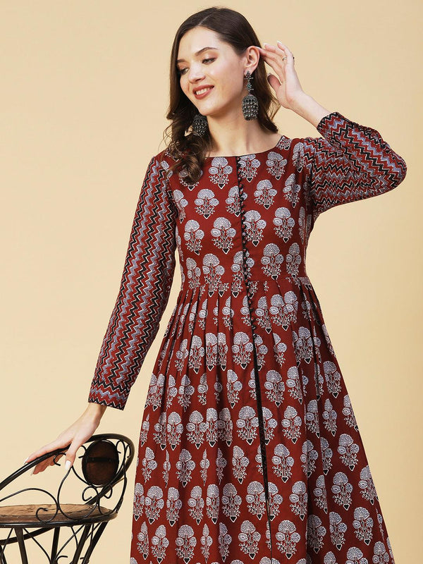 Ethnic Floral Printed A-Line Kurta with Pant - Brown - Indiakreations