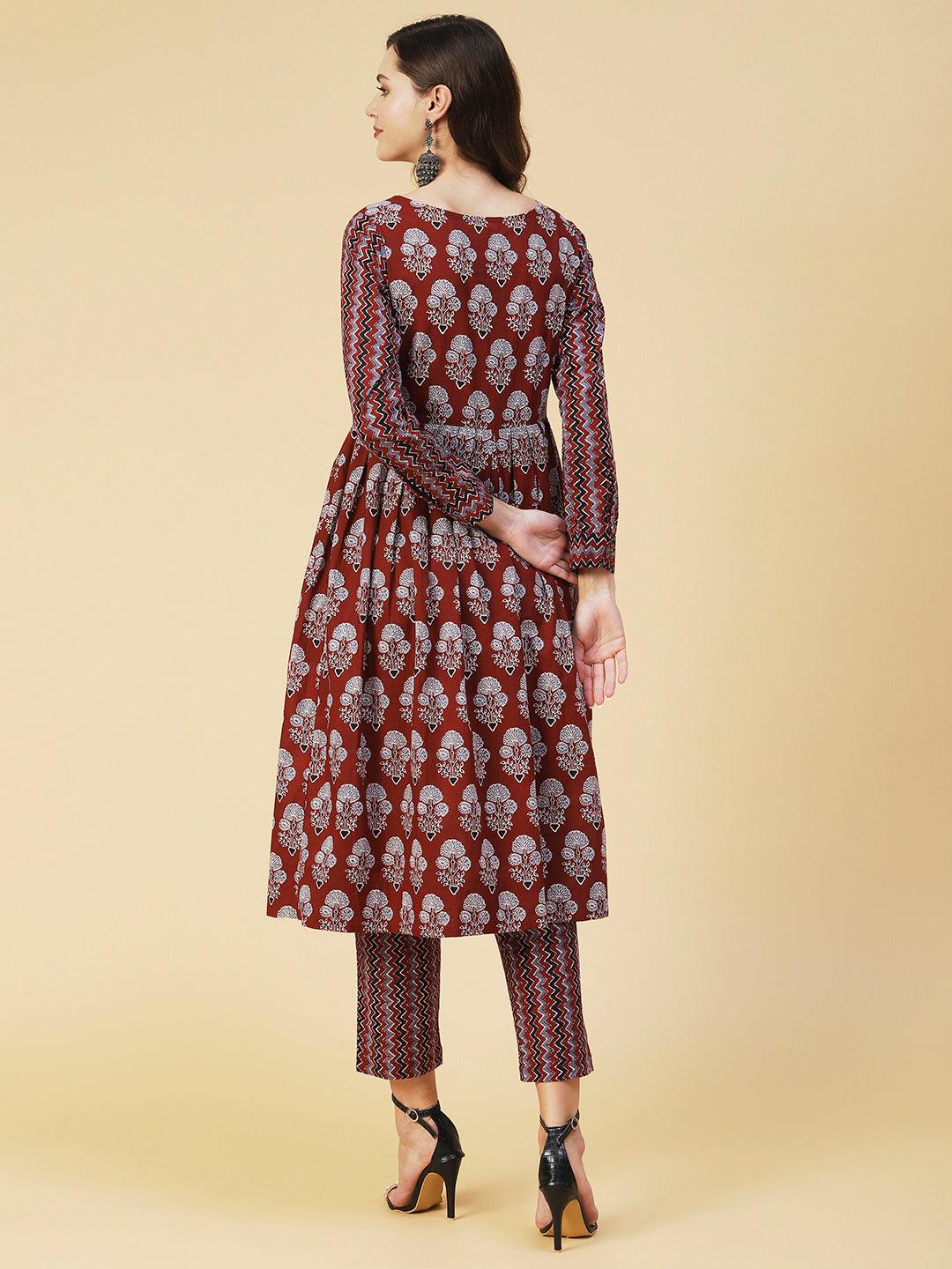 Ethnic Floral Printed A-Line Kurta with Pant - Brown - Indiakreations