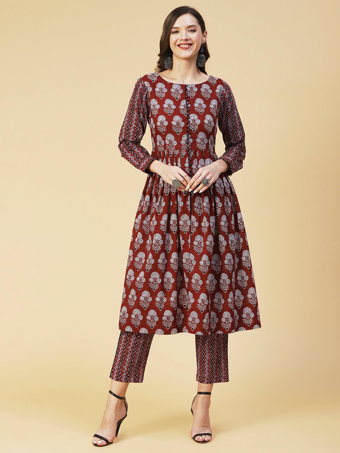 Ethnic Floral Printed A-Line Kurta with Pant - Brown - Indiakreations