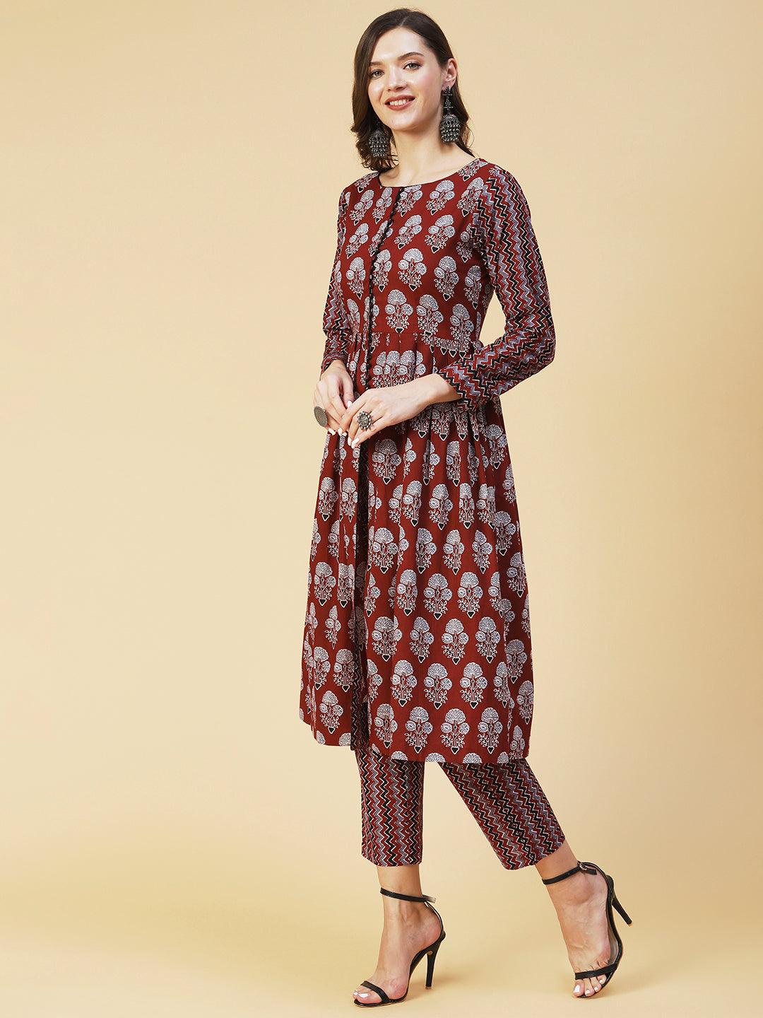 Ethnic Floral Printed A-Line Kurta with Pant - Brown - Indiakreations