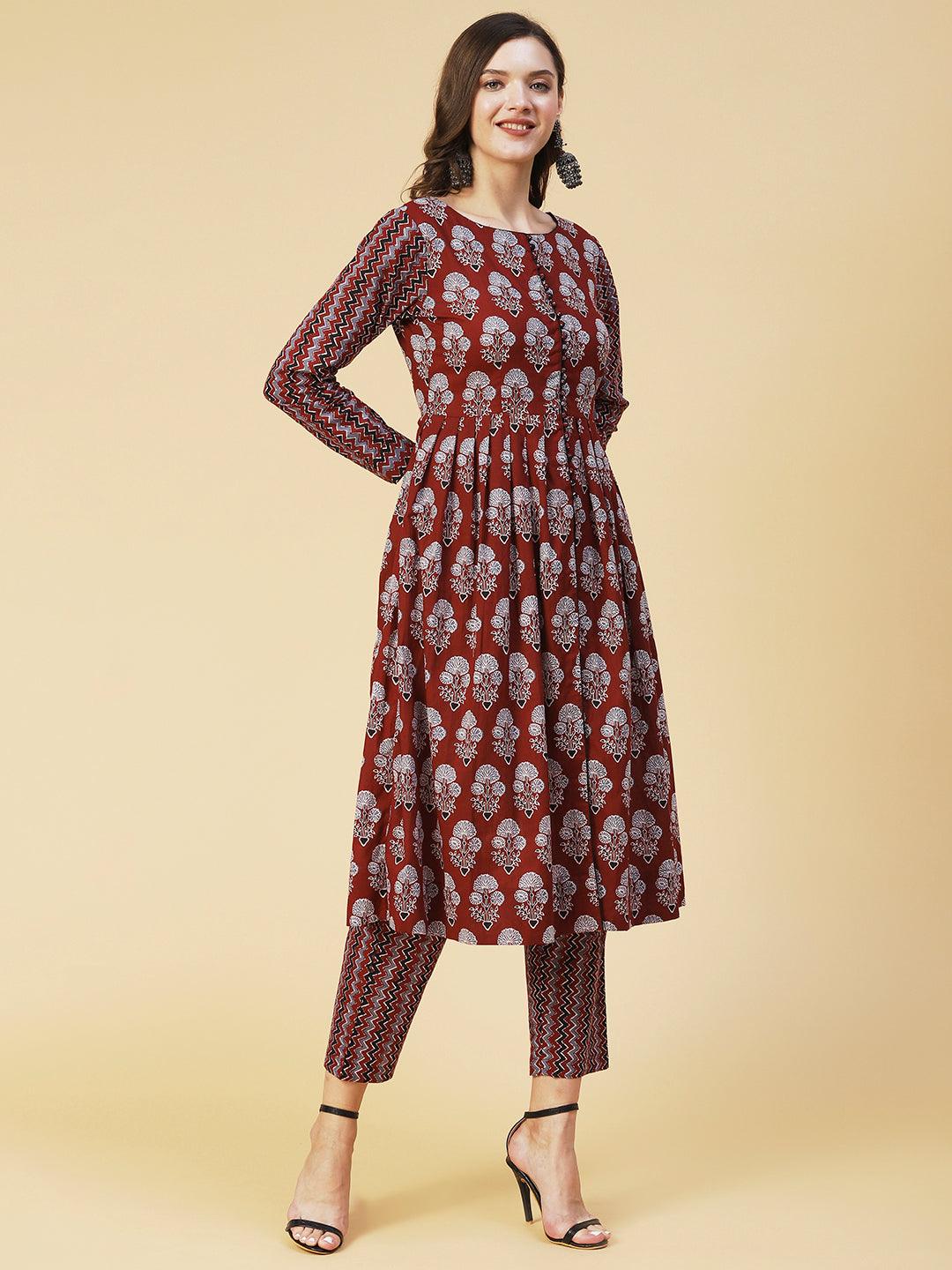 Ethnic Floral Printed A-Line Kurta with Pant - Brown - Indiakreations