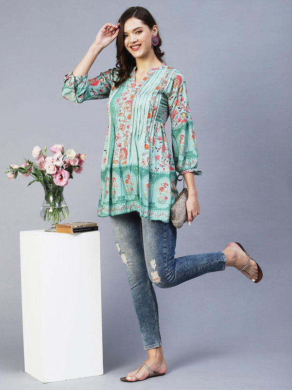 Floral Printed & Sequins Embroidered Pintucks Kurti - Green - Indiakreations