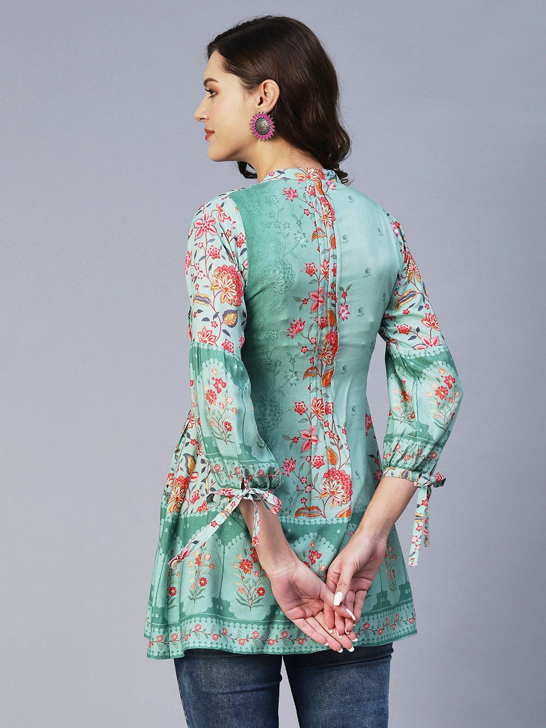 Floral Printed & Sequins Embroidered Pintucks Kurti - Green - Indiakreations