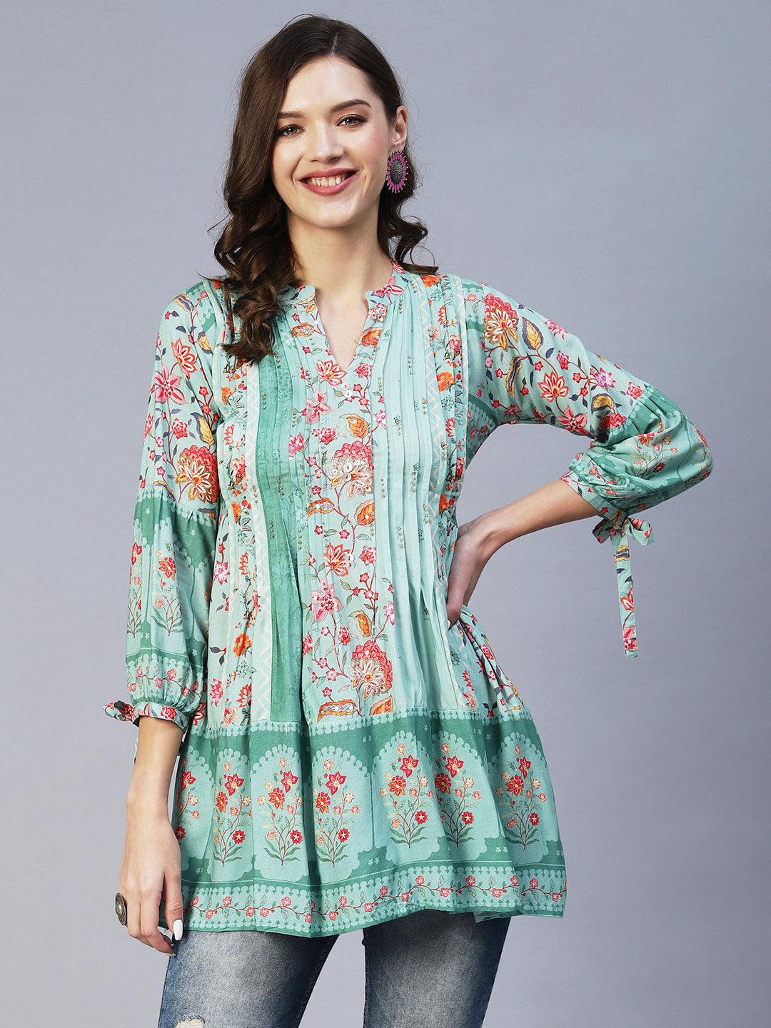 Floral Printed & Sequins Embroidered Pintucks Kurti - Green - Indiakreations