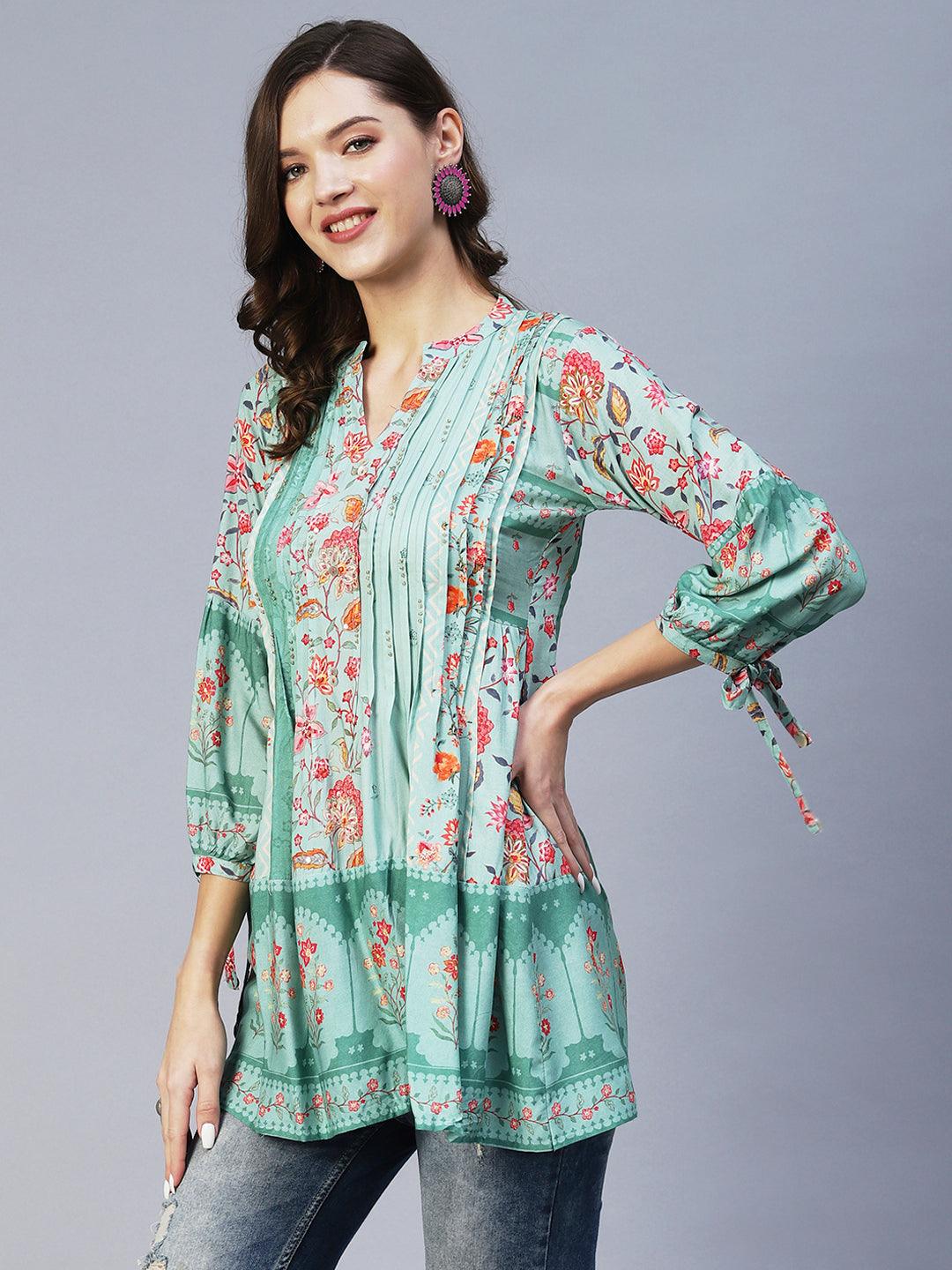 Floral Printed & Sequins Embroidered Pintucks Kurti - Green - Indiakreations