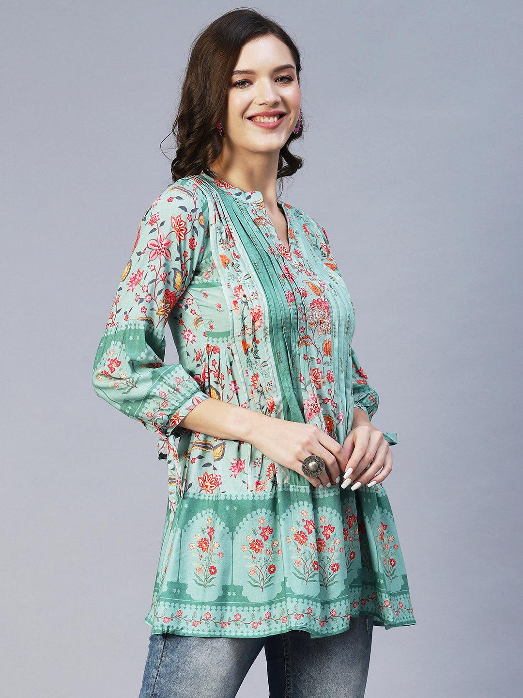 Floral Printed & Sequins Embroidered Pintucks Kurti - Green - Indiakreations