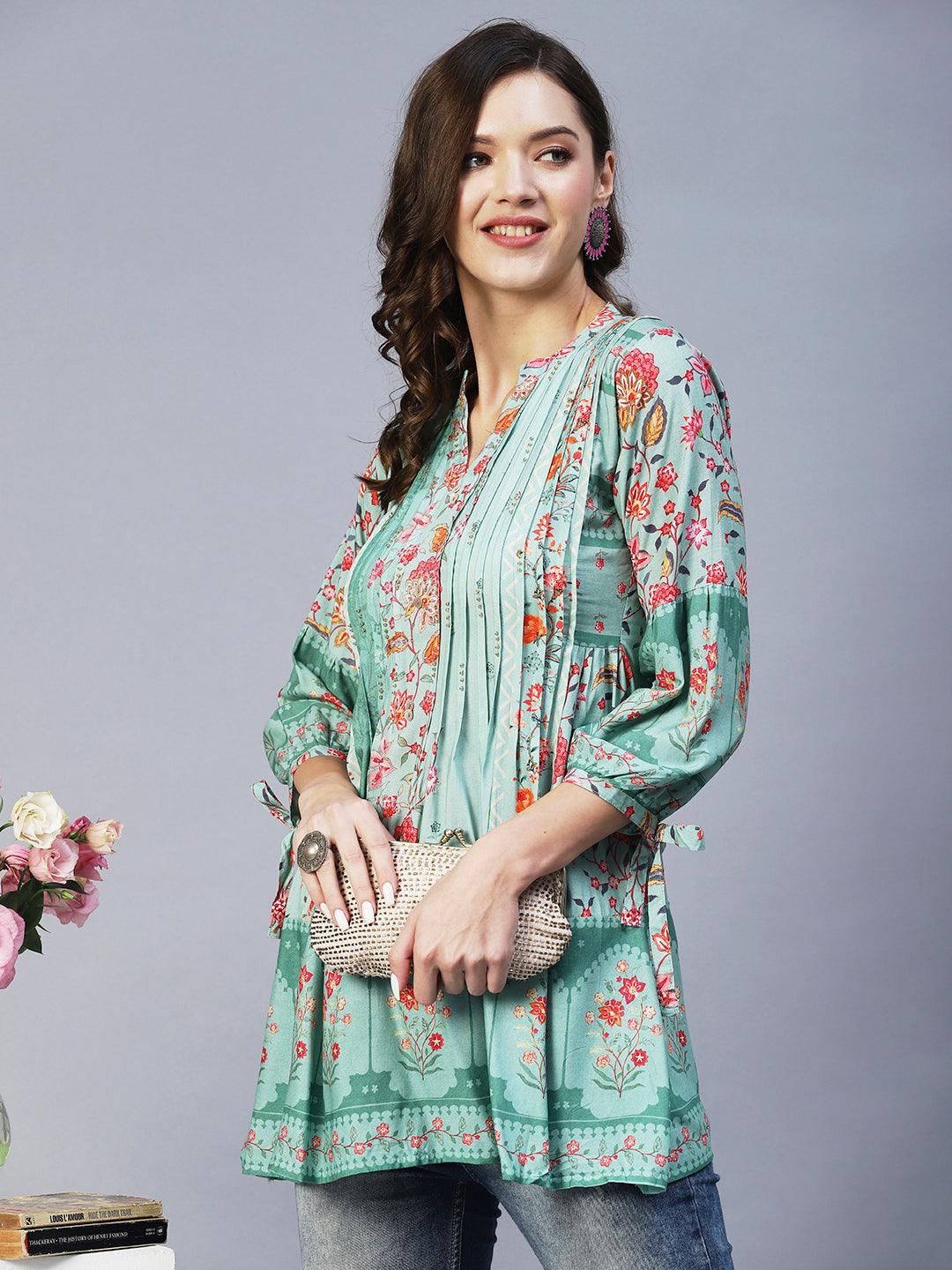 Floral Printed & Sequins Embroidered Pintucks Kurti - Green - Indiakreations