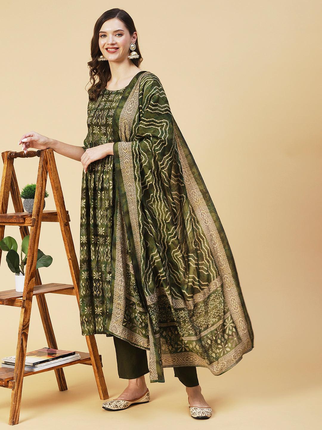 Floral Printed & Hand Embroidered A-Line Kurta with Pant & Dupatta - Green - Indiakreations